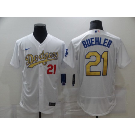 Men's Los Angeles Dodgers #21 Walker Buehler 2021 White Gold Sttiched Jersey