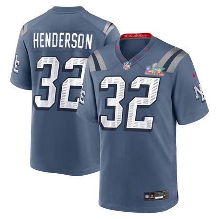 Youth New England Patriots #32 TreVeyon Henderson Blue Super Bowl LX Patch Rivalries Collection Game Jersey
