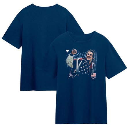 Men's Olympic Hockey Jack Hughes Navy US Gold Medal Flag T-Shirt