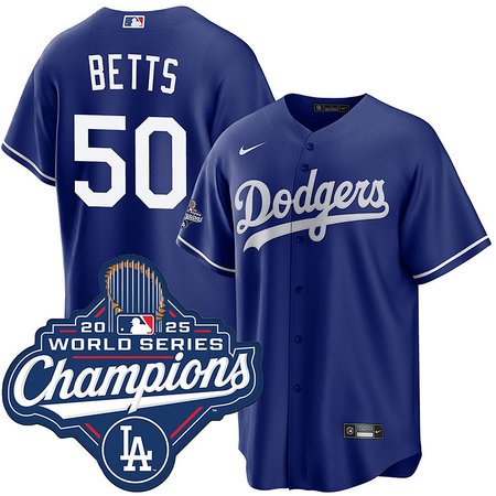Men's Los Angeles Dodgers #50 Mookie Betts Nike Royal 2025 World Series Champions Home Replica Jersey