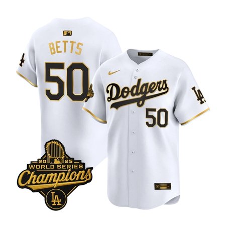 Youth Los Angeles Dodgers #50 Mookie Betts Nike White Golden 2025 World Series Champions Home Limited Jersey
