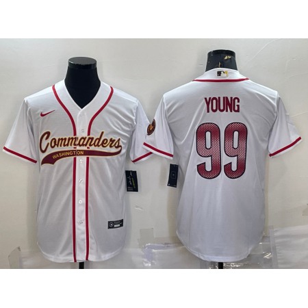 Men's Washington Commanders #99 Chase Young White With Patch Cool Base Stitched Baseball Jersey Men's Washington Commanders #99 Chase Young White With Patch Cool Base Stitched Baseball Jersey